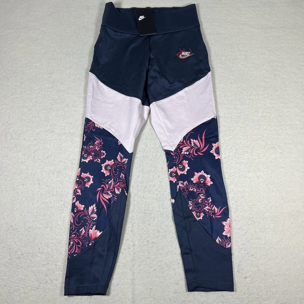 Nike Leggings Womens M‎ Blue Floral Colorblock Ankle Yoga Athletic 921644-471